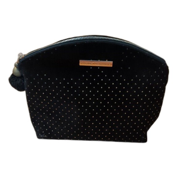 Vince Camuto Cosmetic Makeup Bag Black Velvet Gold Micro Studs Zip Pom Pom - Picture 1 of 11